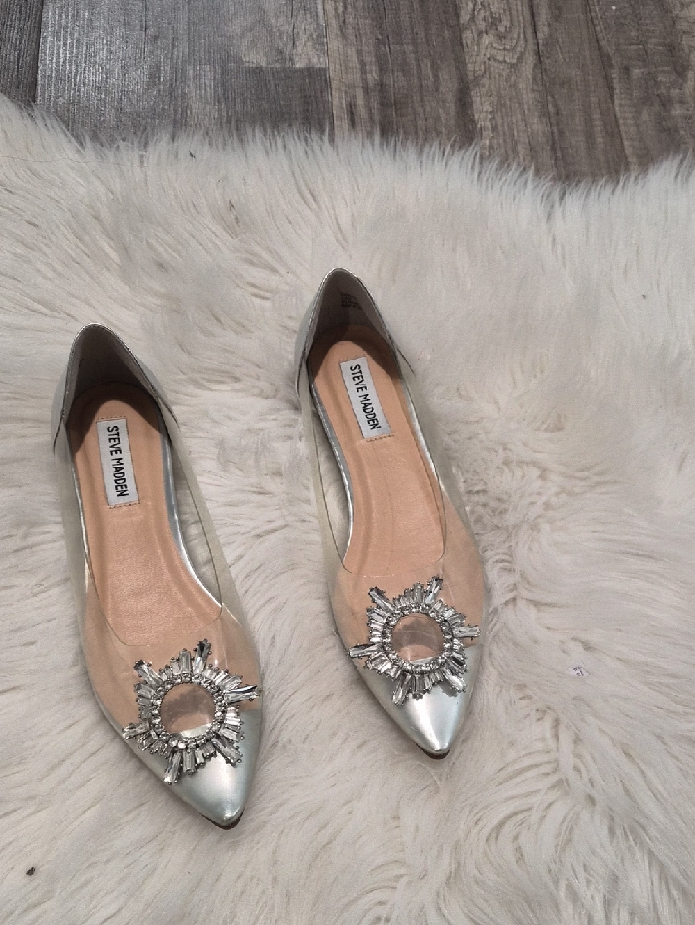 Steve Madden Silver Pointed Toe Flats with Crystal Sunburst